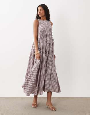 Ärmelloses Midikleid mit Kordelzugdetail, Raffung und rosa Vichy-Karomuster Rosa S