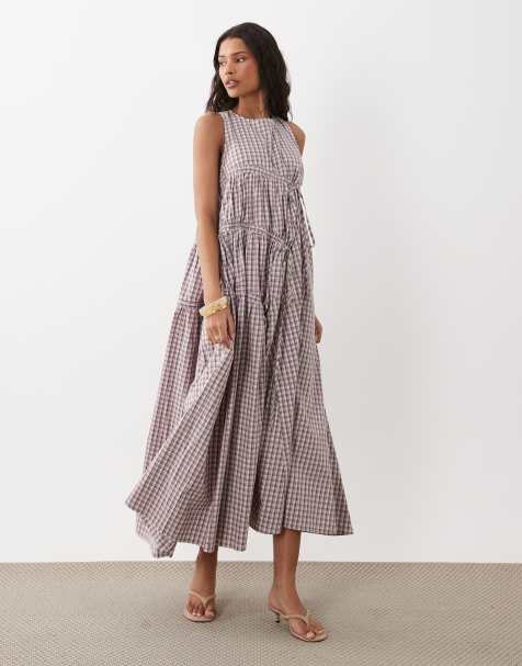Ghospell – Ärmelloses Midikleid mit Kordelzugdetail, Raffung und rosa Vichy-Karomuster - view 1