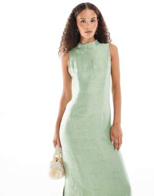 Ghospell Arya column midi dress in light green metallic