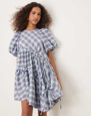 asymmetric drawstring mini dress in blue plaid