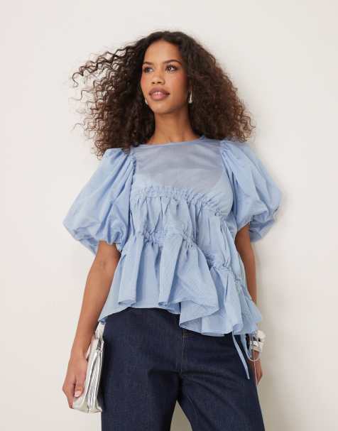 Ghospell asymmetric drawstring top in blue - view 1