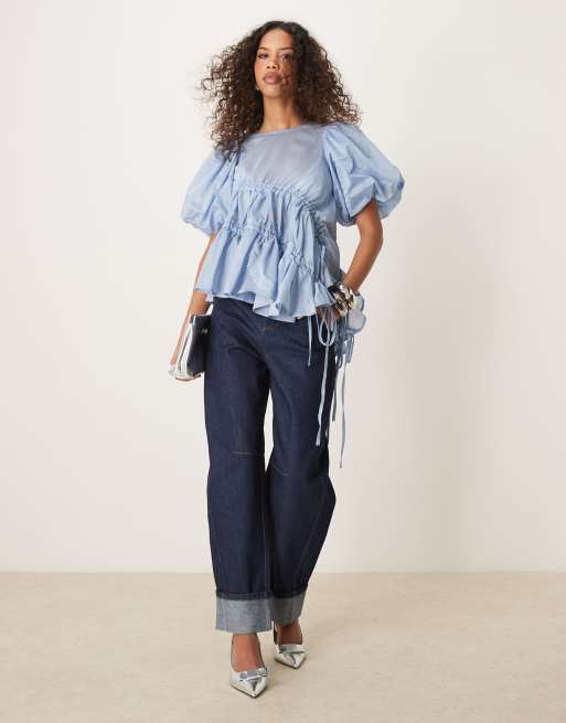 Ghospell asymmetric drawstring top in blue, 2 of 4