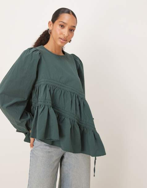 Ghospell asymmetric drawstring top in forest green - view 1