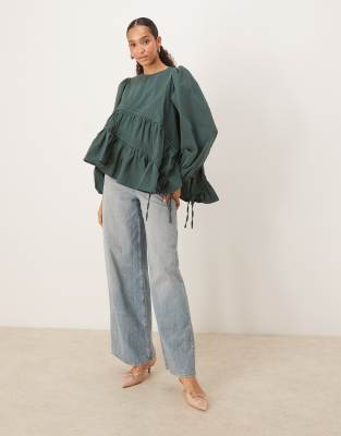 Ghospell Asymmetric Drawstring Top In Green