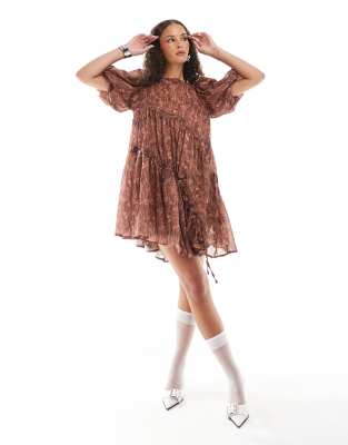 Ghospell Asymmetric Ruched Mini Dress In Brown Print - Discount £23