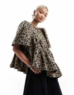 asymmetric ruched top in leopard print-Brown