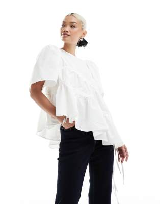 Ghospell Asymmetric Ruched Top In White