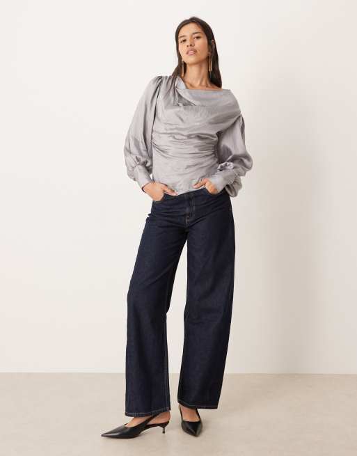 Ghospell balloon sleeve cowl neck top in metallic grey, 2 of 4