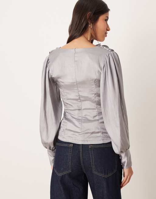 Ghospell balloon sleeve cowl neck top in metallic grey, 4 of 4