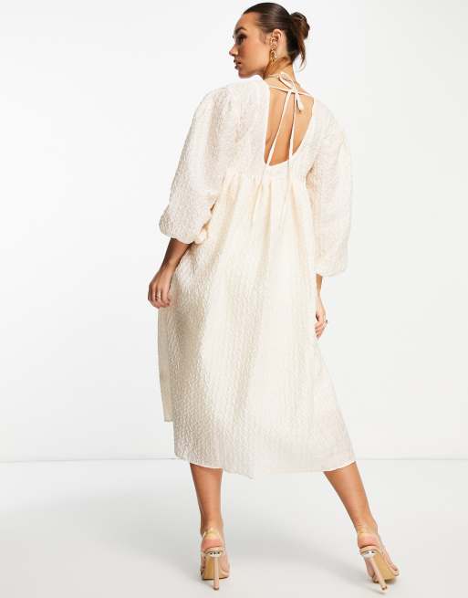 Ghospell balloon sleeve midi smock dress in textured cream