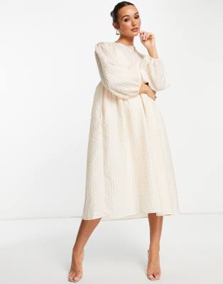 Ghospell balloon sleeve midi smock dress in textured cream