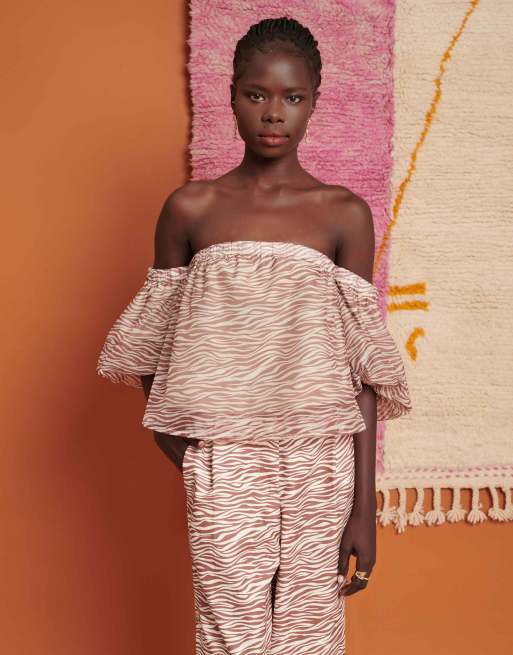 Ghospell bardot zebra print top in light brown (part of a set)