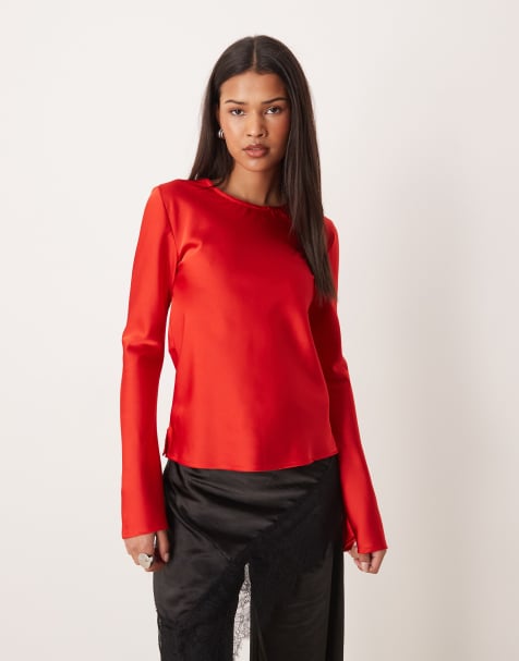 Ghospell satin backless cowl tie neck top in red