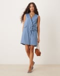 [Ghospell] Ghospell Beckett denim wrap mini dress in blue M BLUE