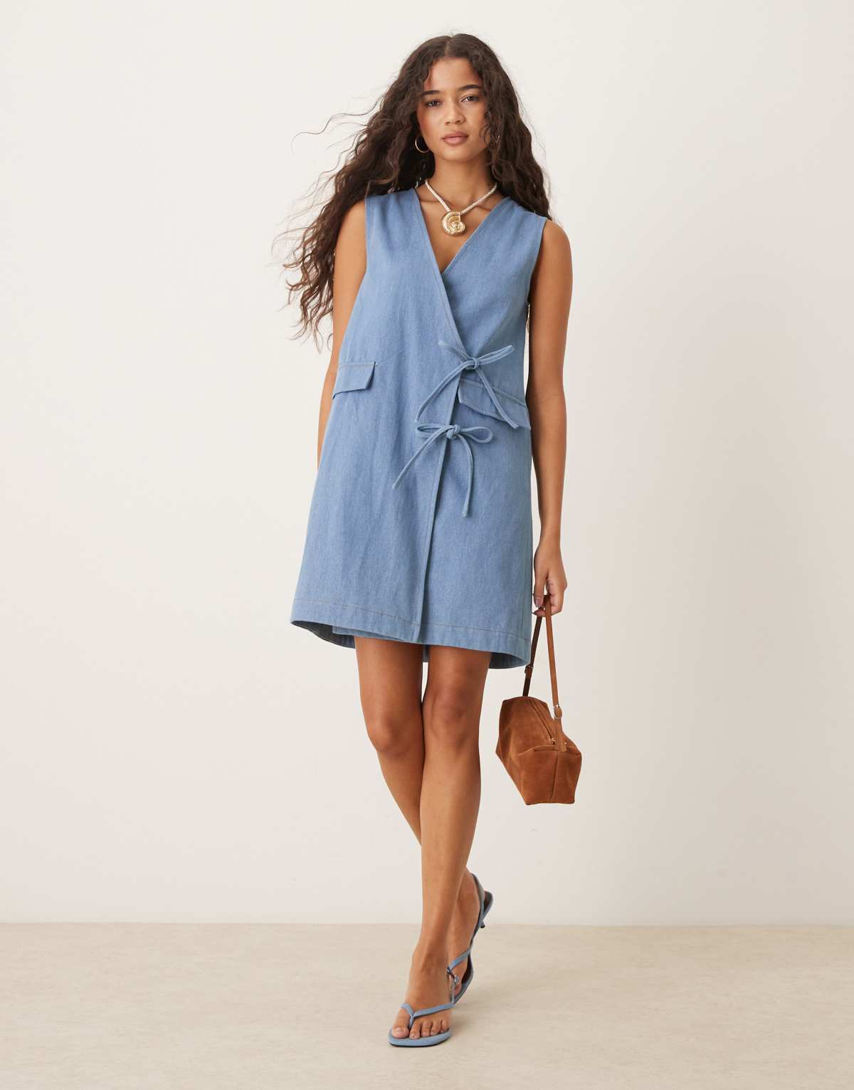 Ghospell Beckett denim wrap mini dress in blue