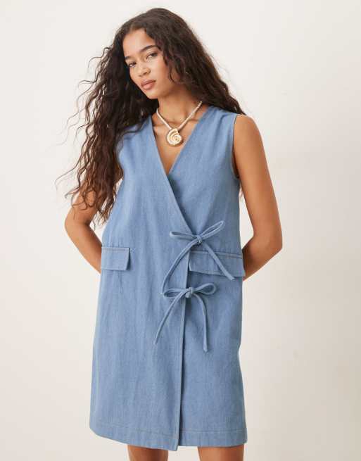 Ghospell - Beckett - Vestito corto in denim blu a portafoglio, 3 di 4