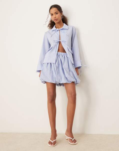 Ghospell stripe puffball mini skirt in sky blue