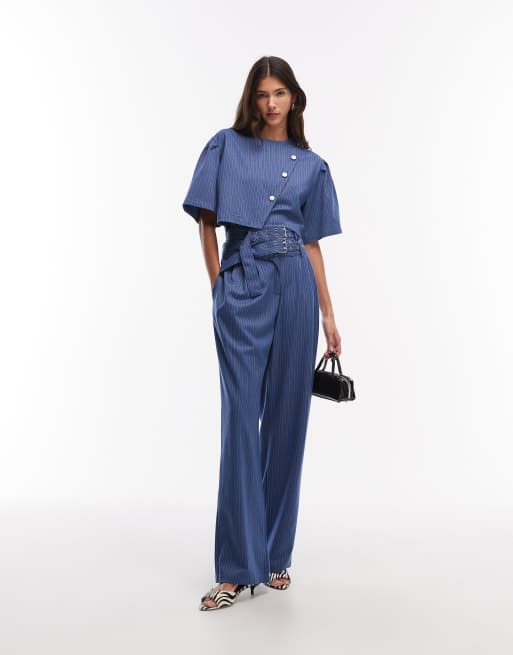 Ghospell – Bettie – Cropped-Oberteil in Blau mit Nadelstreifen, Kombiteil, 2 von 4