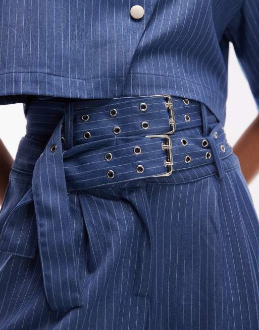 Ghospell - Bettie - Pantalon d'ensemble ample et ajusté à fines rayures et double boucle - Bleu, 3 de 5
