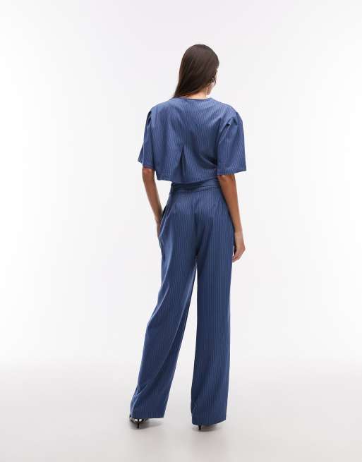 Ghospell - Bettie - Pantalon d'ensemble ample et ajusté à fines rayures et double boucle - Bleu, 4 de 5