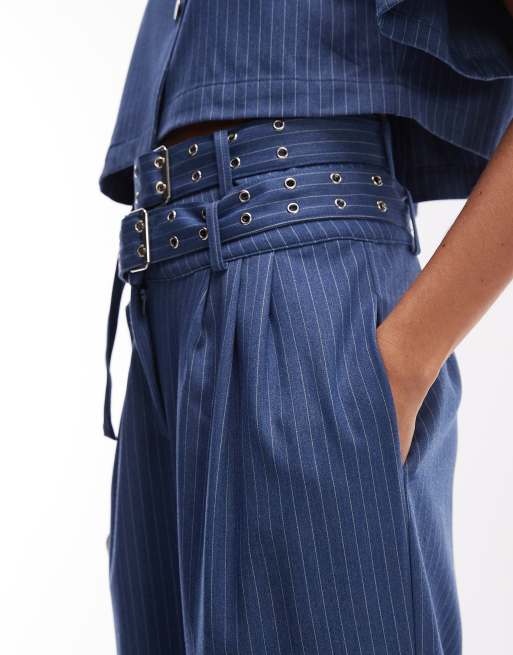 Ghospell - Bettie - Pantalon d'ensemble ample et ajusté à fines rayures et double boucle - Bleu, 5 de 5