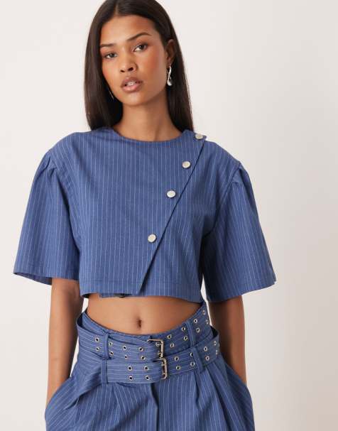 Ghospell Bettie pinstripe cropped top co-ord in blue - view 1