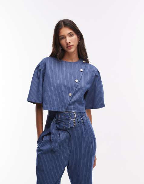 Ghospell Bettie pinstripe cropped top in blue (part of a set) - view 1