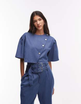 Ghospell Bettie Pinstriped Crop Top In Blue