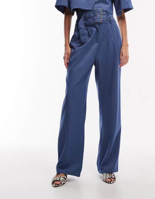Ghospell Bettie tailored pinstripe double buckle wide leg trouser co-ord in blue, 2 of 5