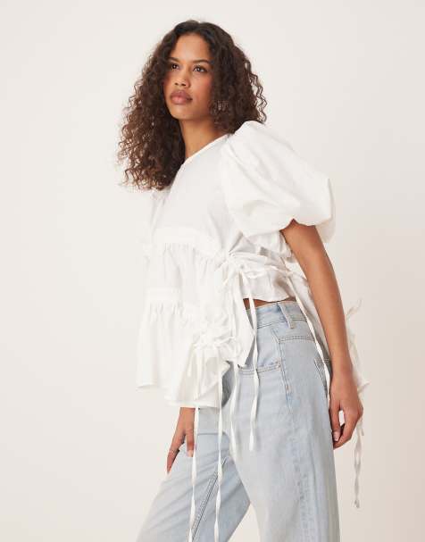 Ghospell asymmetric drawstring top in white