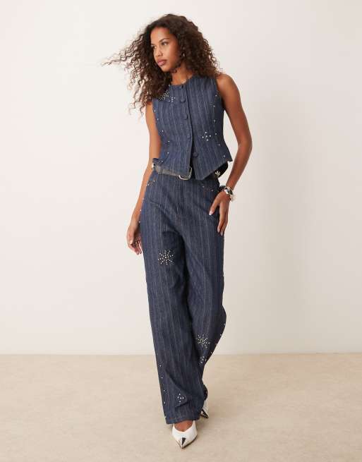 Ghospell Blakely denim studded waistcoat top in dark wash co-ord, 2 of 4