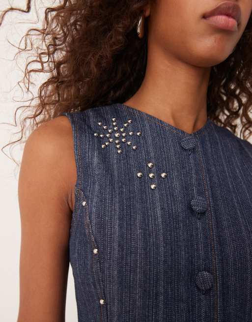 Ghospell Blakely denim studded waistcoat top in dark wash co-ord, 3 of 4