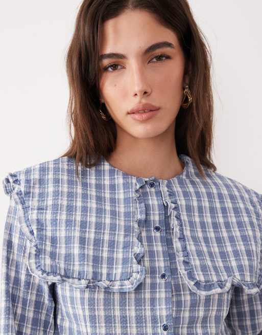 Ghospell - Blusa con colletto oversize misto cotone blu a quadri, 2 di 4