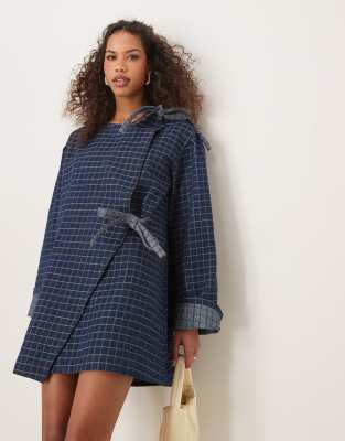 ghospell bow detail plaid denim mini dress in blue