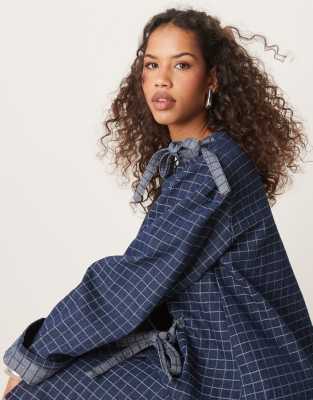 ghospell bow detail plaid denim mini dress in blue