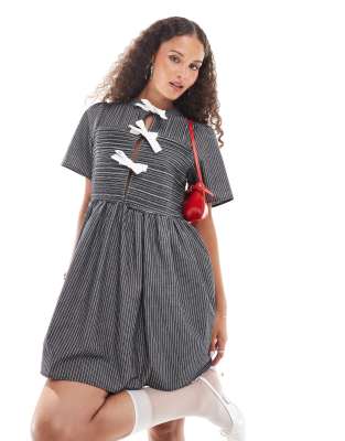 Ghospell Bow Detail Shirt Mini Dress In Mono-black