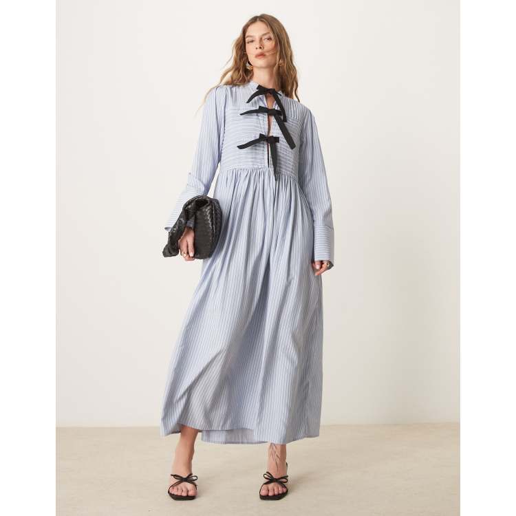 Ghospell bow detail stripe midi dress in blue | ASOS