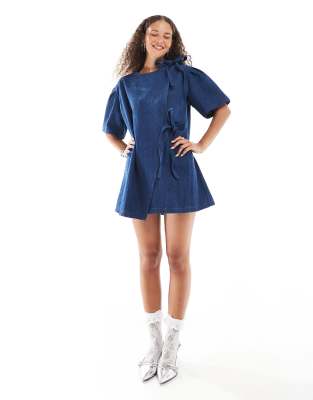 Ghospell Bow Detail Textured Mini Dress In Dark Wash Denim-blue