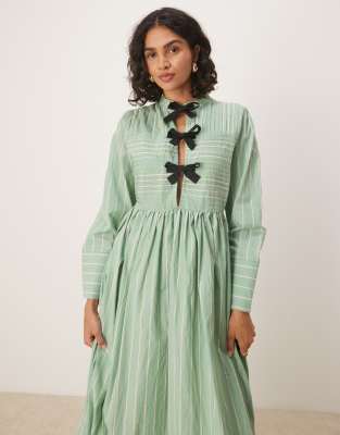 bow details midi dress in green and white stripes