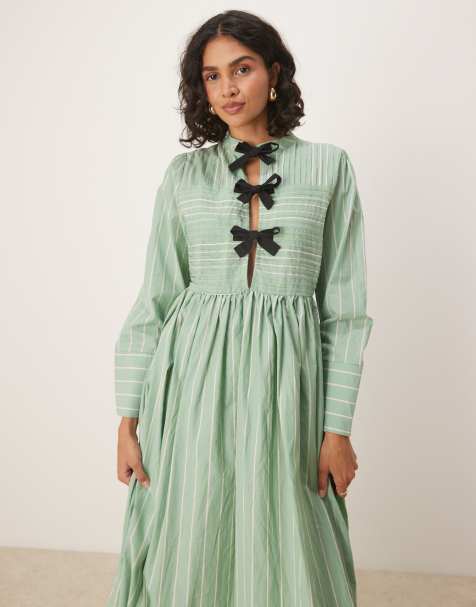 Ghospell bow details midi dress in green and white stripes - view 1