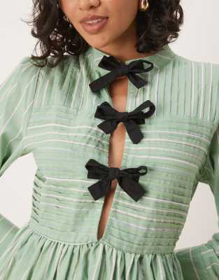 ghospell bow details midi dress in green and white stripes