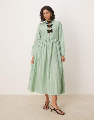 ghospell bow details midi dress in green and white stripes