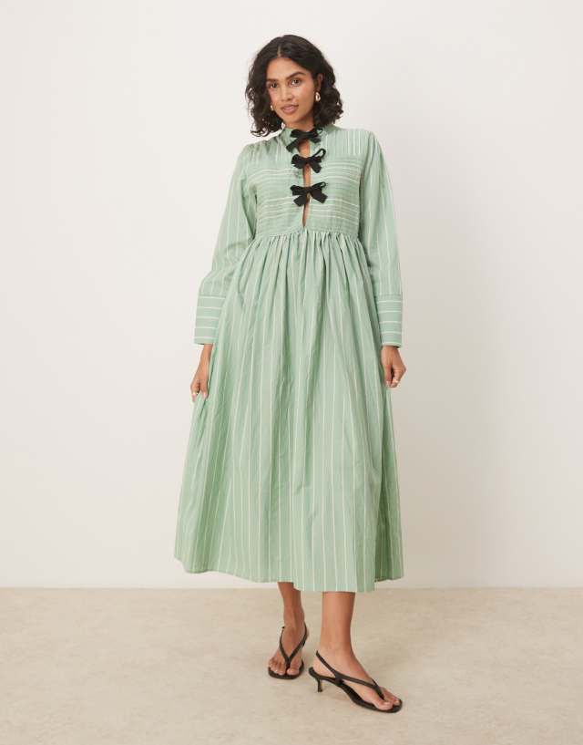 Ghospell bow details midi dress in green and white stripes | ASOS