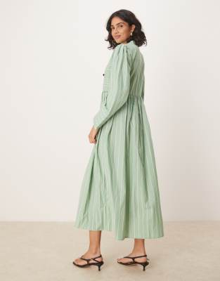 Ghospell bow details midi dress in green and white stripes