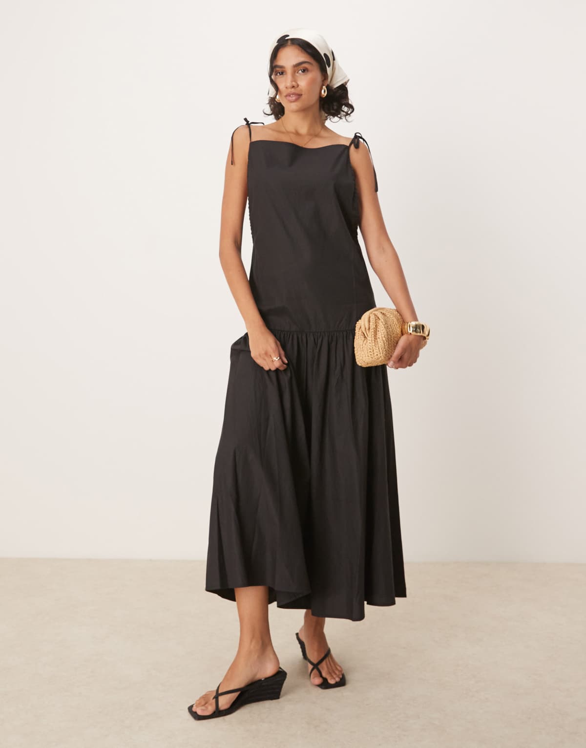 Ghospell bow shoulder midi dress in black