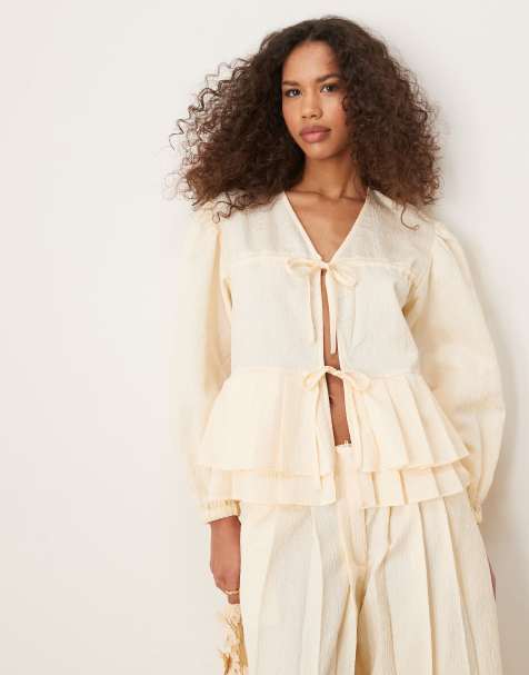 Ghospell bow tie pleated top co-ord in butter cream