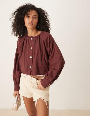 Ghospell button front pleated jacket in brown - view 1