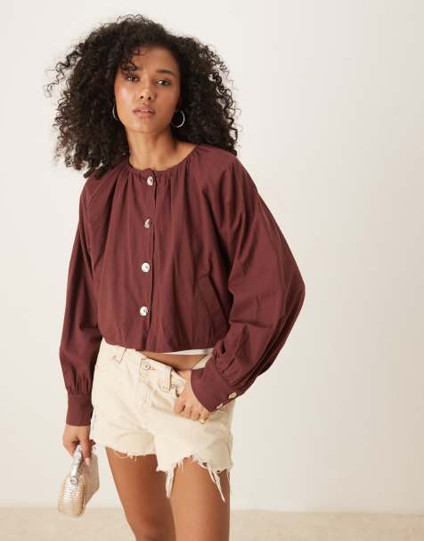 Ghospell button front pleated jacket in brown