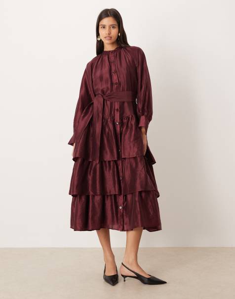 Ghospell button up oversized tiered midi dress in burgundy - view 1