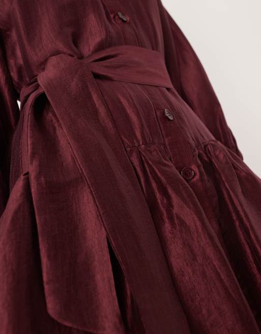 Ghospell button up oversized tiered midi dress in burgundy, 4 of 4